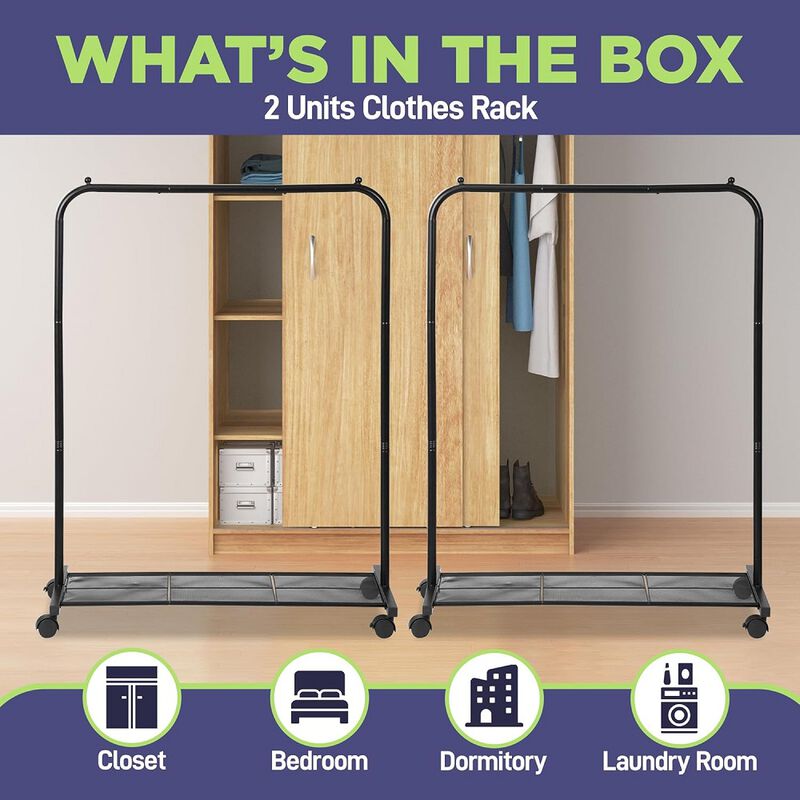 Lifemaster Metal Clothes Rack - Pack of 2 Versatile, Ample Storage Space, Simple Assembly, Hanging Garment and Clothes Rolling Rack with Wheels - Black