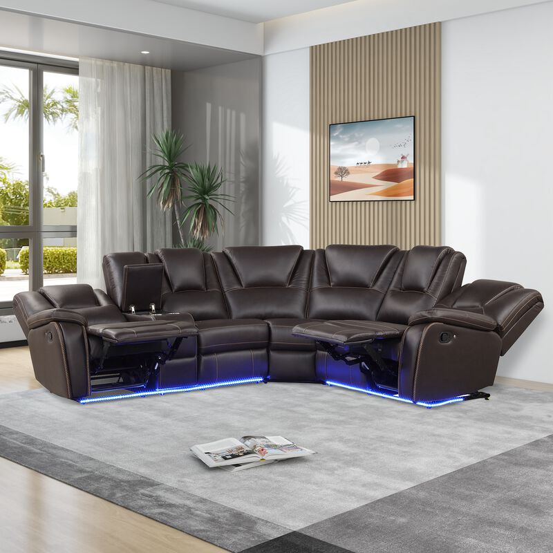 Modern Faux Leather Manual Reclining with Center Console and LED Light Strip