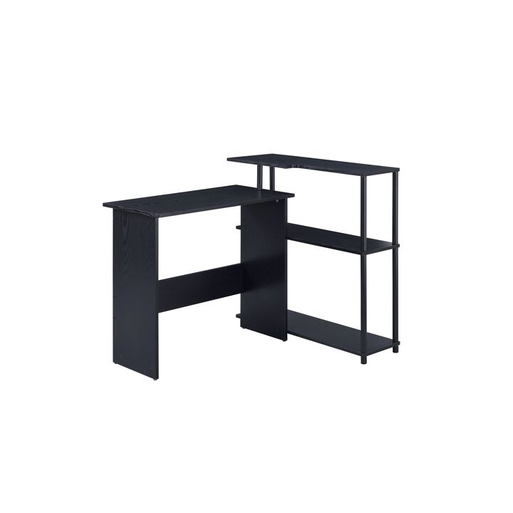 Writing Desk with L Shaped Design and 3 Tier Wooden Shelves, Black-Benzara
