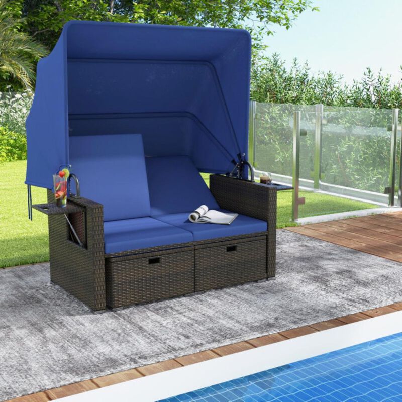 Hivvago Outdoor Patio Rattan Daybed with Retractable Canopy and Adjustable Backrests