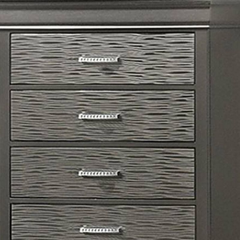 Jean Tall Dresser Chest, 5 Drawers, Chrome, Dark Gray Solid Wood - Benzara