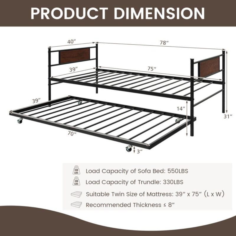 Hivvago Twin Size 2-In-1 Daybed Frame with Pullout Trundle