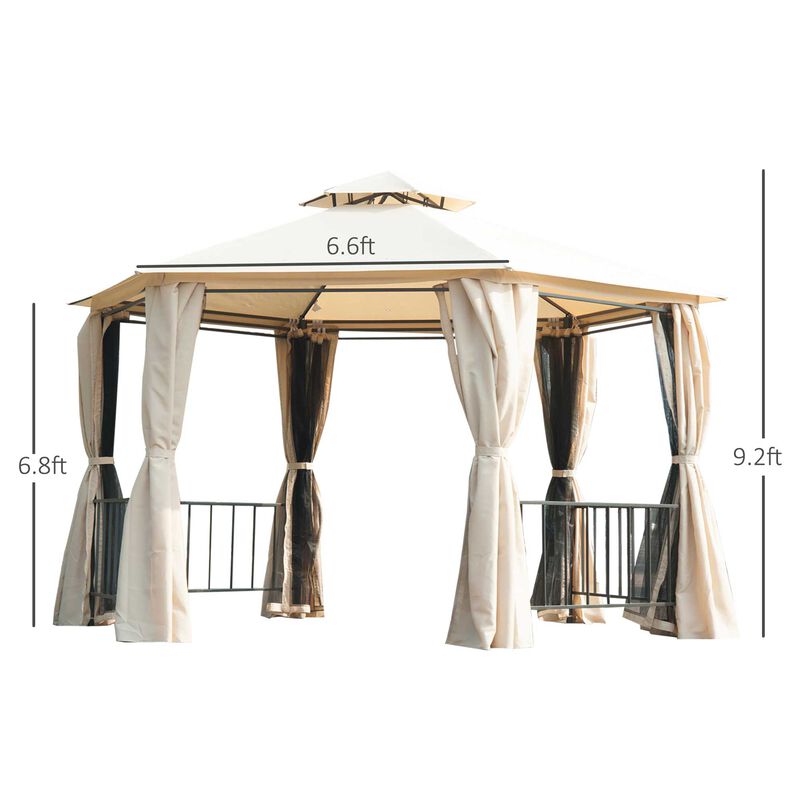 Beige Party Pavilion: 13'x13' Hexagon Canopy with Mesh & Curtains