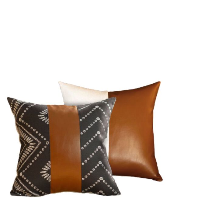 Hivvago Set of 2 Black and  Brown Faux Leather Throw Pillows