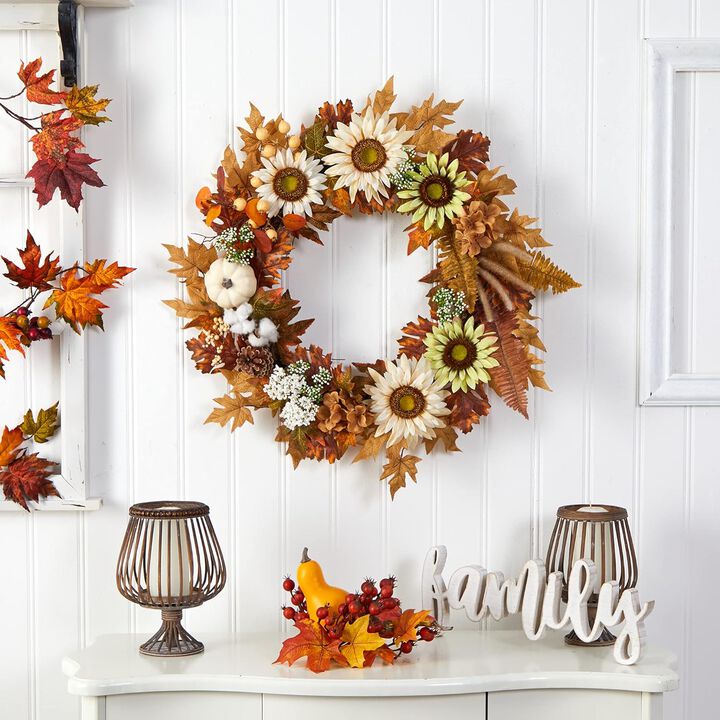 Hivvago 30" Autumn Sunflower, White Pumpkin and Berries Artificial Fall Wreath