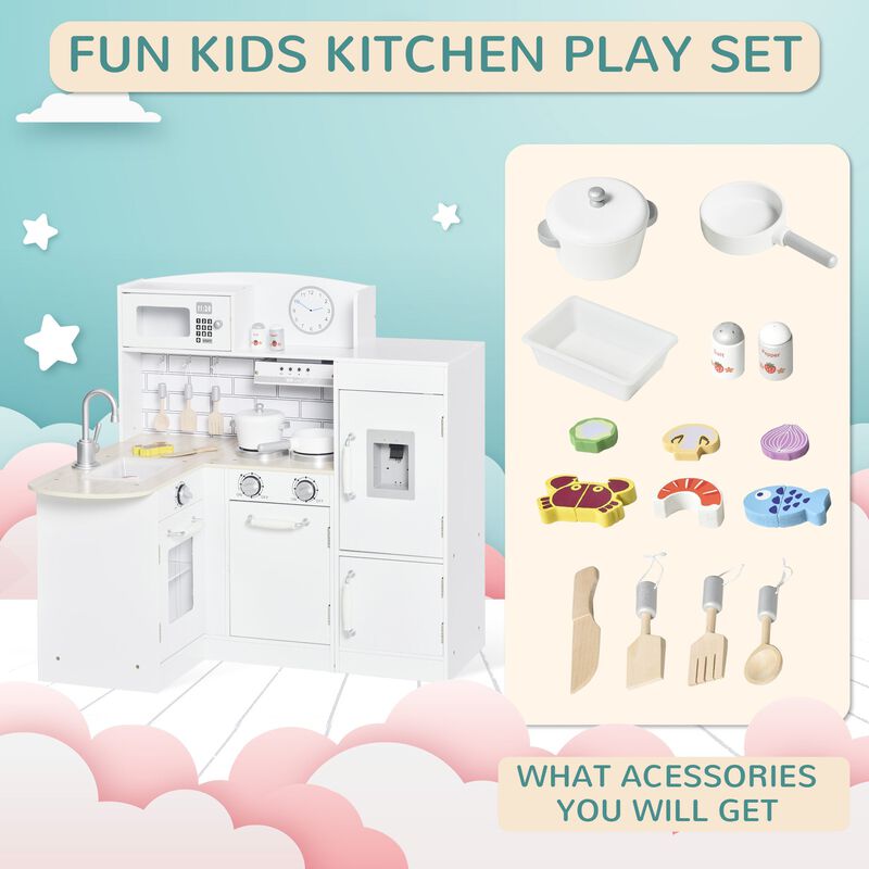 White Play Kitchen: Kids' Set with Fountain, Microwave, and Fridge