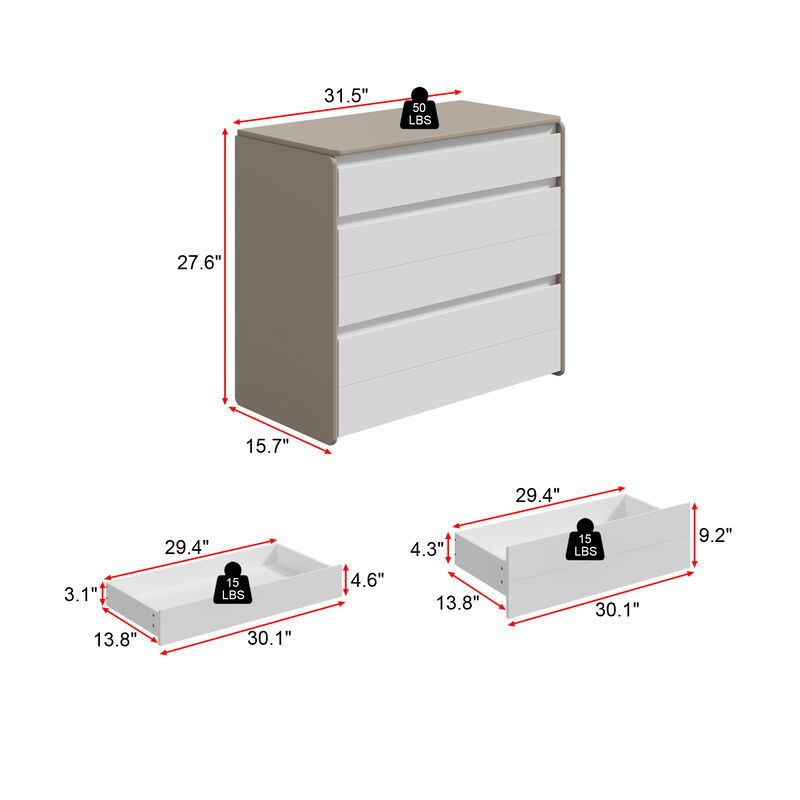 FUFU&GAGA Modern Nightstand with 3 Drawers, P2 MDF, Leather Drawers (31.5" W x 27.6" H x 15.7" D), White and Gray