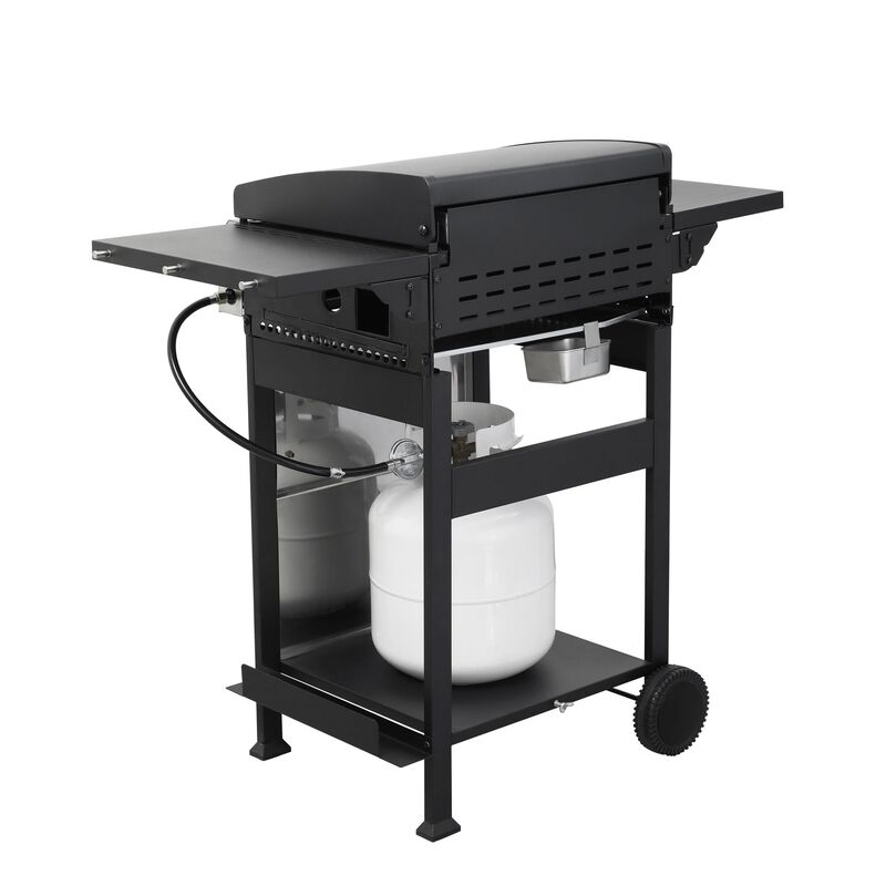MONDAWE 3-Burner Propane Gas BBQ Grill, SS Plancha, 36900BTU Output With Wire Enamel Cooking Grids For Outdoor Barbecue, Foldable Side Table, Hanging Basket, Stainless Steel