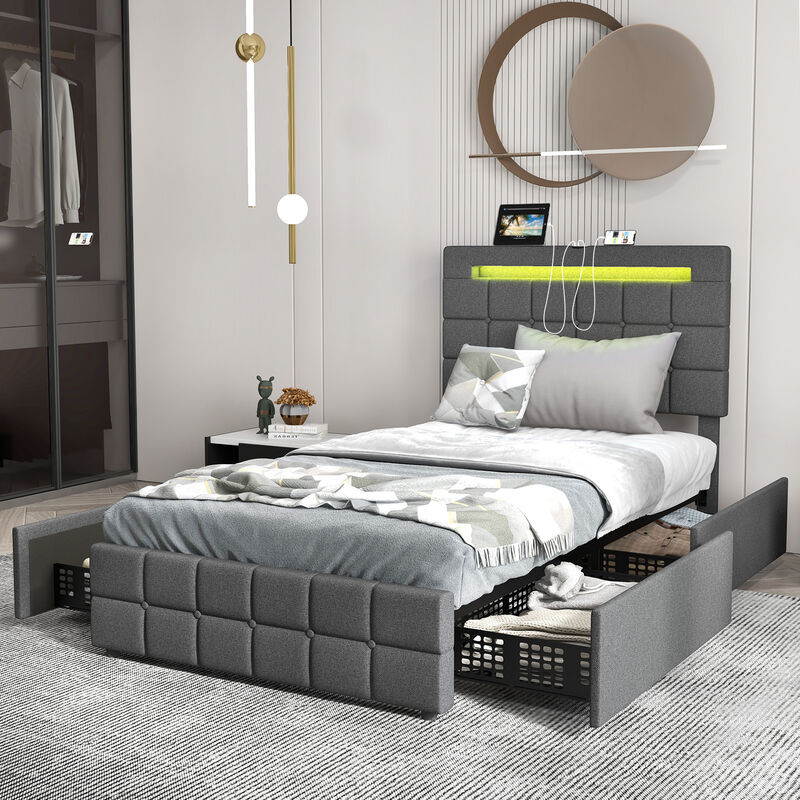Upholstered LED Bed Frame with Headboard and 4 Drawers