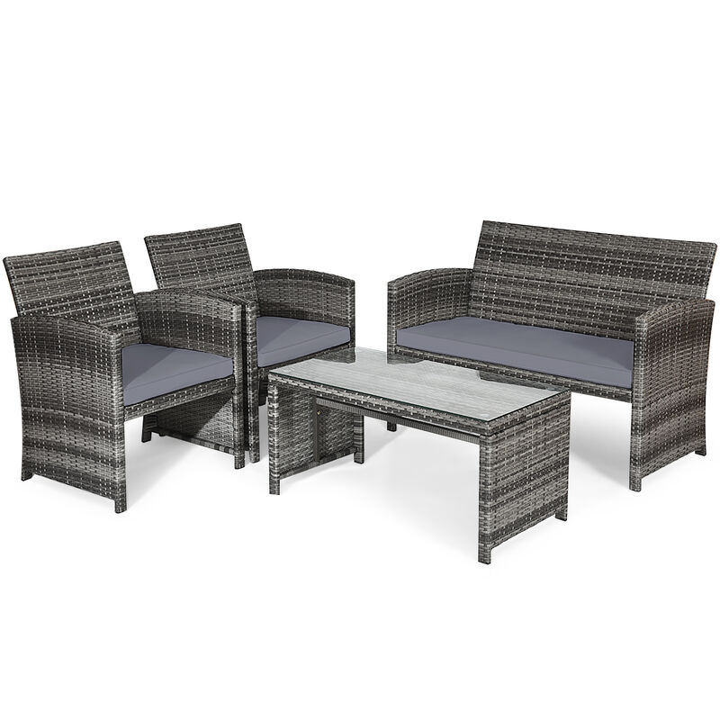 4 Pcs Patio Rattan Furniture Set Top Sofa With Glass Table