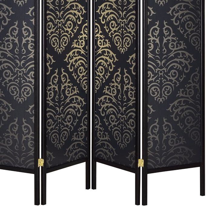 Captivating Four Panel Folding Screen With Damask Print, Black - Benzara