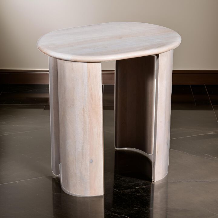 Kipp Side End Table, 24 Inch Rounded Oblong Top, White Solid Mango Wood - Benzara