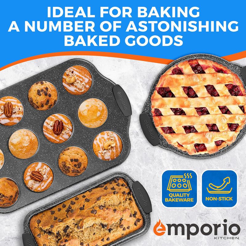 Baking Pan Set - Nonstick Coating, Carbon Steel Bakeware Set with Red Silicone Handles, PFOA, PFOS, PTFE Free, Recipe Booklet Included, Oven Safe Tray (Up To 450° F), Set of 6 - Black