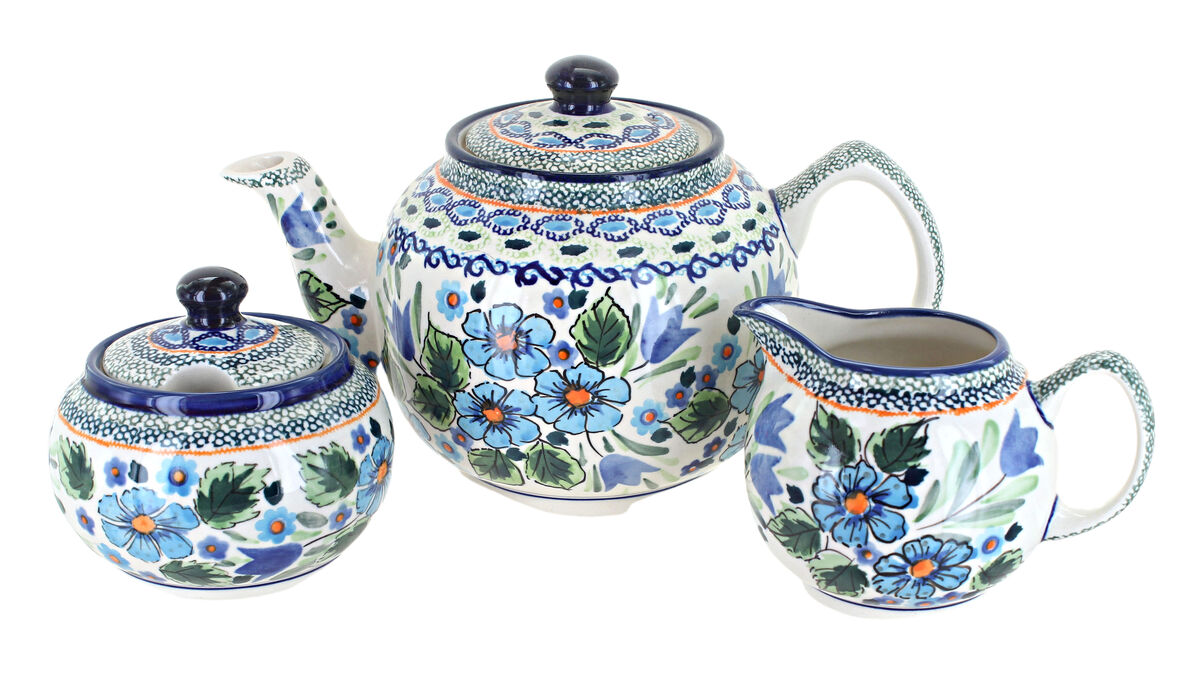 Blue Rose Polish Pottery Nature Three Piece Tea Set