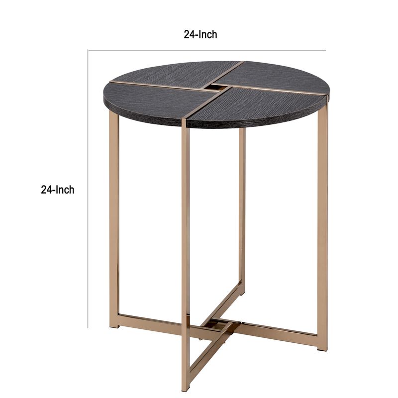End Table with X Shaped Metal Base and Round Wooden Top, Gold and Gray-Benzara
