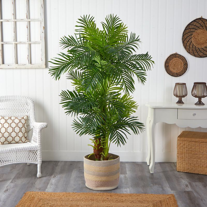 Hivvago 6 Feet Hawaii Artificial Palm Tree in Handmade Natural Cotton Multicolored Woven Planter