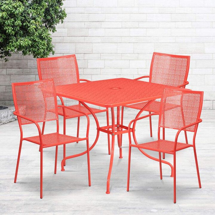 Flash Furniture Oia Commercial Grade 35.5" Square Coral Indoor-Outdoor Steel Patio Table Set with 4 Square Back Chairs