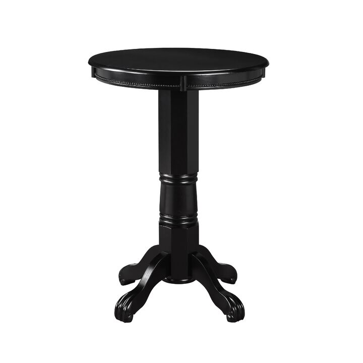 Ava 42 Inch Wood Pub Bar Table, Molded Trim, Carved Pedestal, Black-Benzara