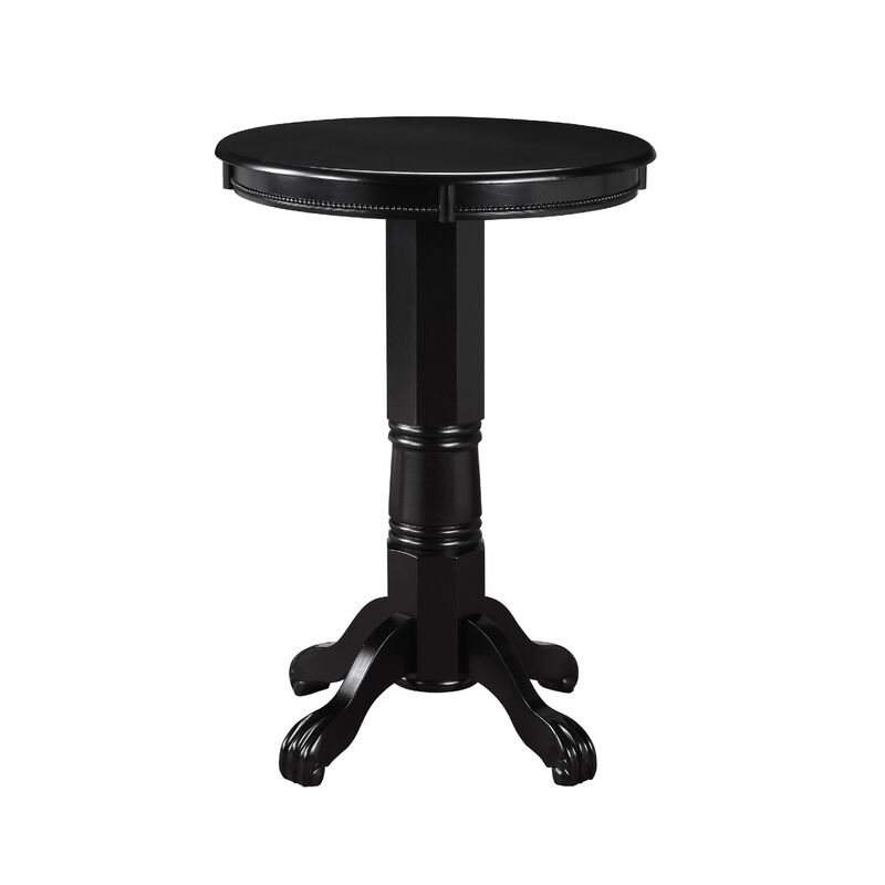 Ava 42 Inch Wood Pub Bar Table, Molded Trim, Carved Pedestal, Black-Benzara