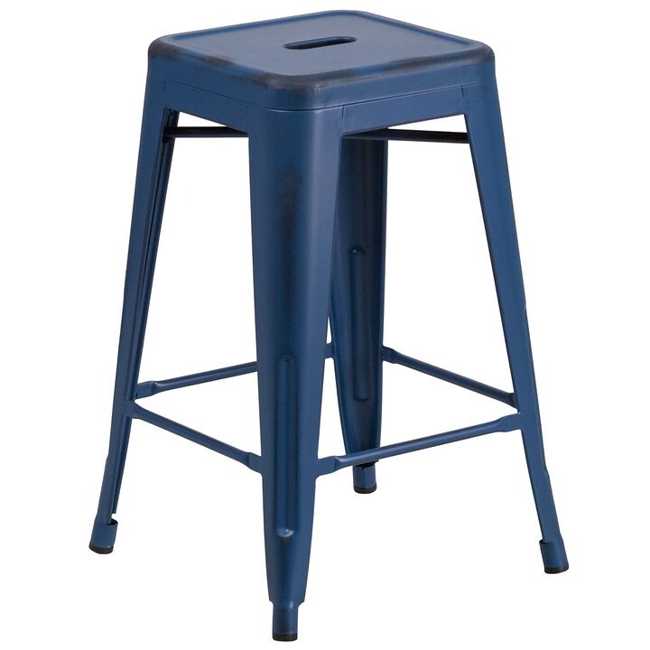 Flash Furniture Commercial Grade 24" High Backless Distressed Antique Blue Metal Indoor-Outdoor Counter Height Stool