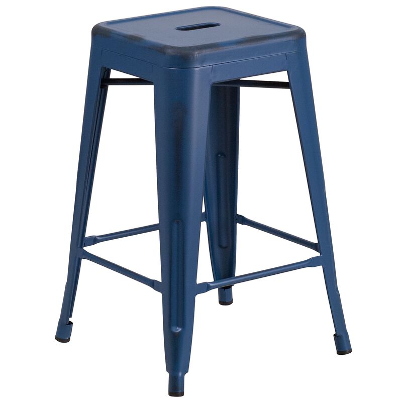 Flash Furniture Commercial Grade 24" High Backless Distressed Antique Blue Metal Indoor-Outdoor Counter Height Stool