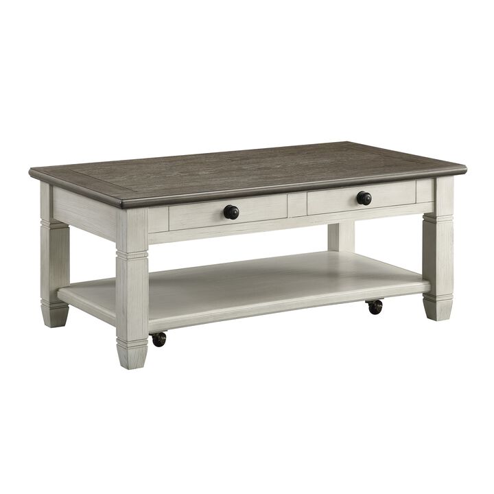 Rome 48 Inch Cocktail Coffee Table, 2 Drawers, White and Brown, Solid Wood - Benzara