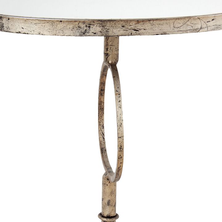 28 Inch Accent Side Table, Oval Mirror Top, Metal Base, Rustic Gold Finish - Benzara