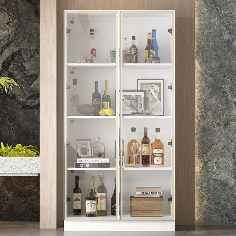 FUFU&GAGA 63 in. Tall White Wood 3-Shelf Bookcase Bookshelf With 3-Color LED Lights and Tempered Glass Doors,(31.5" W x 63" H x 15.7" D), White