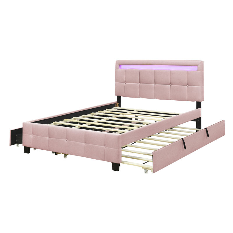 Upholstered Queen Platform Bed with LED Frame & Trundle