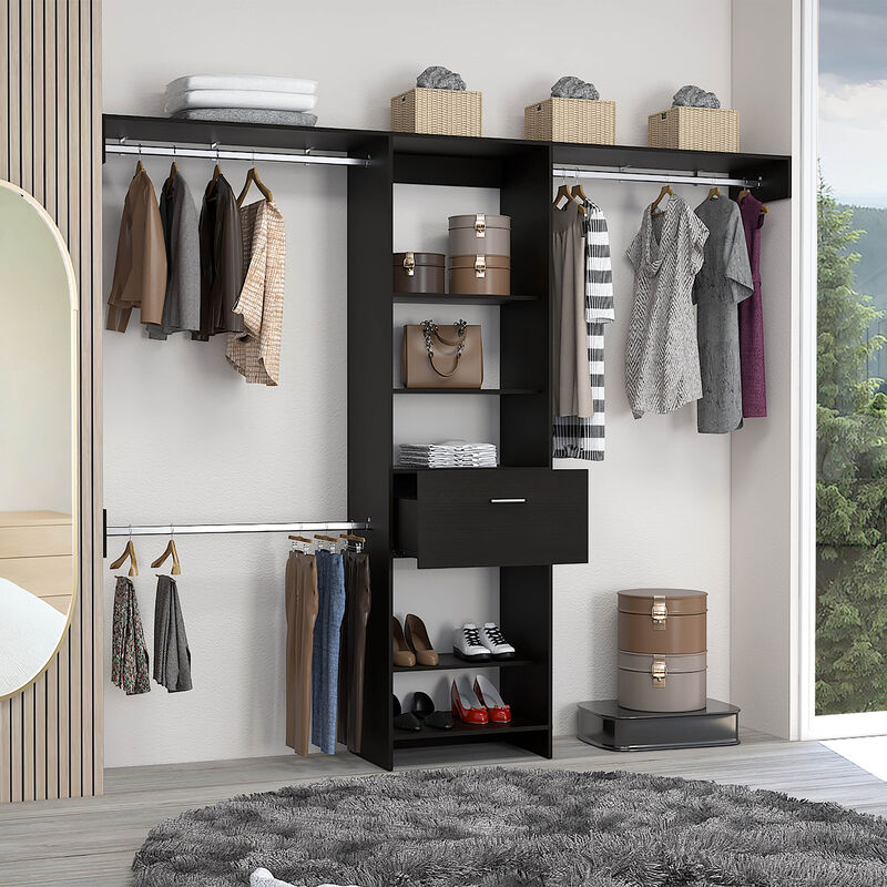 DEPOT E-SHOP Brisk Closet System, One Drawer, Three Metal Rods, Five Open Shelves, Black