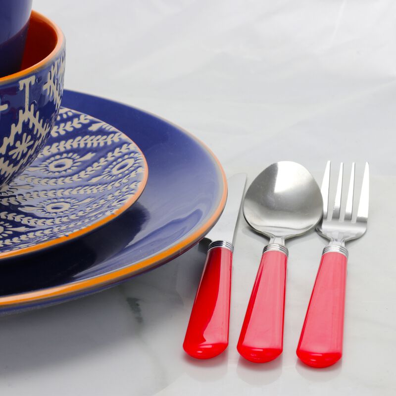 Gibson Sensations II 16 Piece Stainless Steel Flatware Set with Red Handles and Chrome Caddy