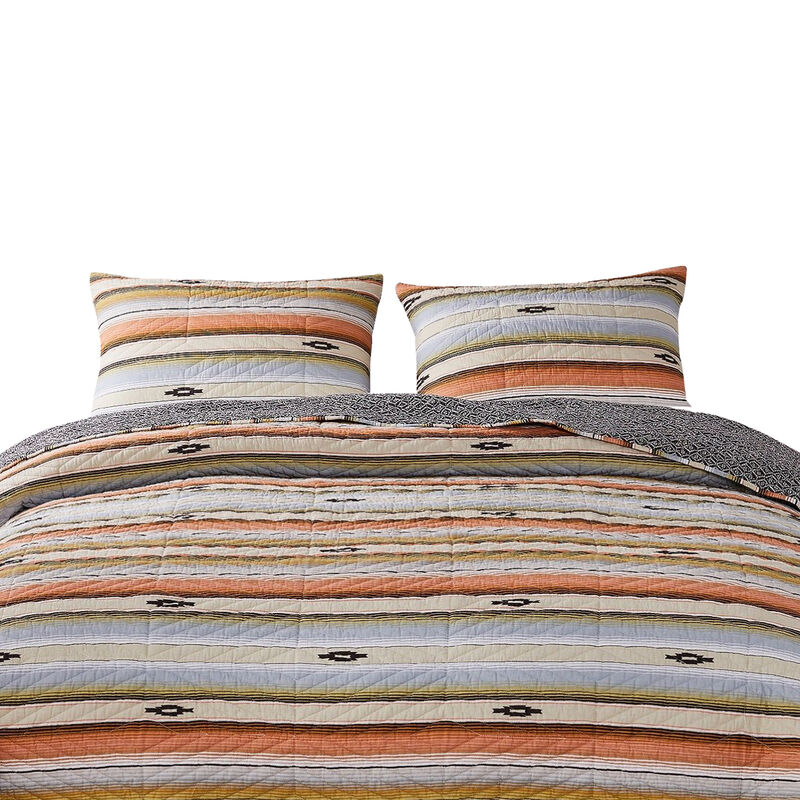 3 Piece Microfiber King Size Quilt Set with Chevron Print, Multicolor - Benzara