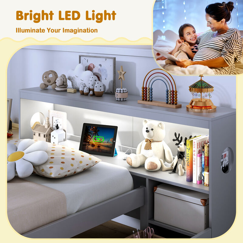 Bed Frame with LED Light and Bookcase Headboard