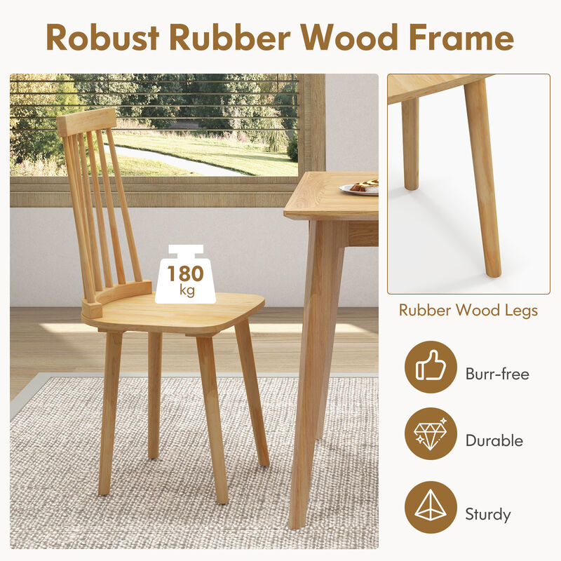 Windsor Dining Chairs Set of 2 with High Spindle Back and Natural Rubber Wood Legs