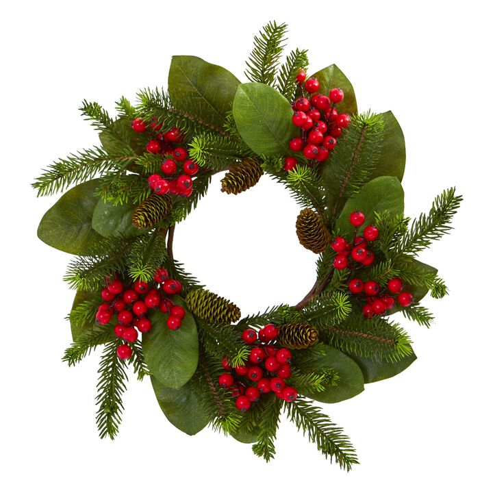 Hivvago 19" Magnolia Leaf, Berry and Pine Artificial Wreath