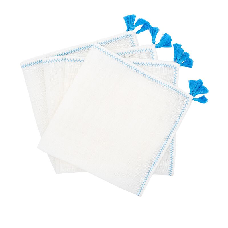 Linen Napkins With Blue Tassels, Set of 4
