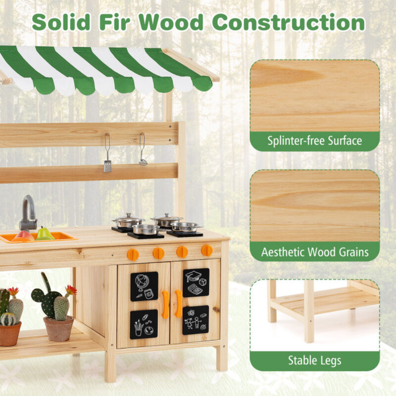 Mud Kitchen Fir Wood Play Kitchen with Canopy and Sink and 4 Stoves
