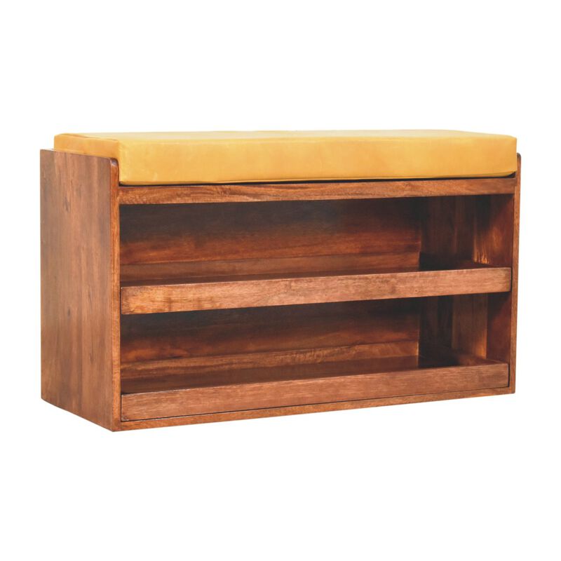 Artisan Furniture Solid Wood, Upholstered Buffalo Hide Pull out Honey Caramel Shoe Storage Bench