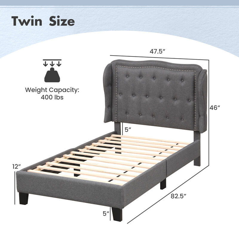Bed Frame with Button Tufted Wingback Headboard and Storage Space