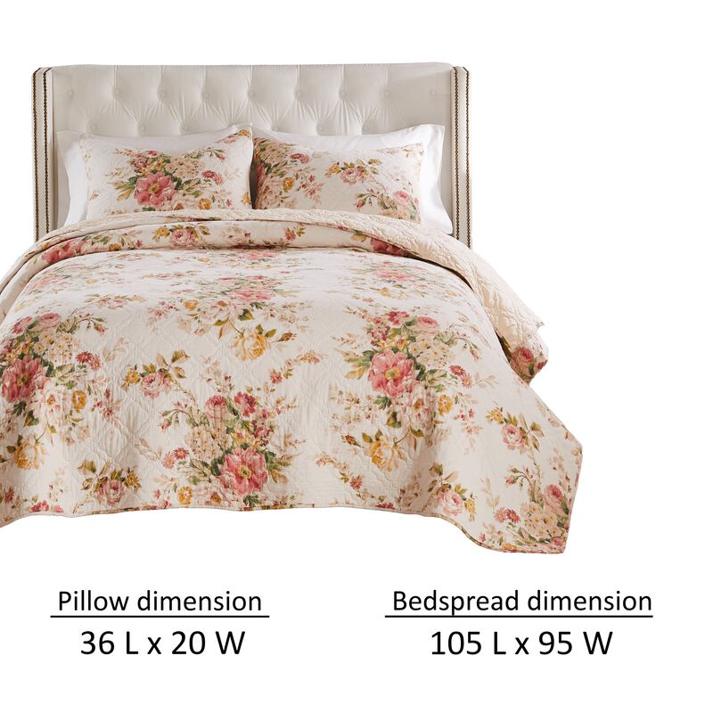 Givi 3pc King Quilt Set, Shams, Red and Floral Beige Buttercup Cotton