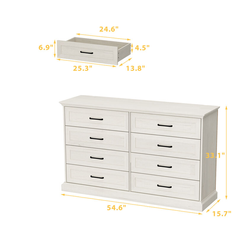 FUFU&GAGA 8-Drawer Dresser, Wide Wooden Storage Chest with Metal Handles, Large Capacity Organizer for Bedroom， (54.6" W x 33.1" H x 15.7" D),Rustic White