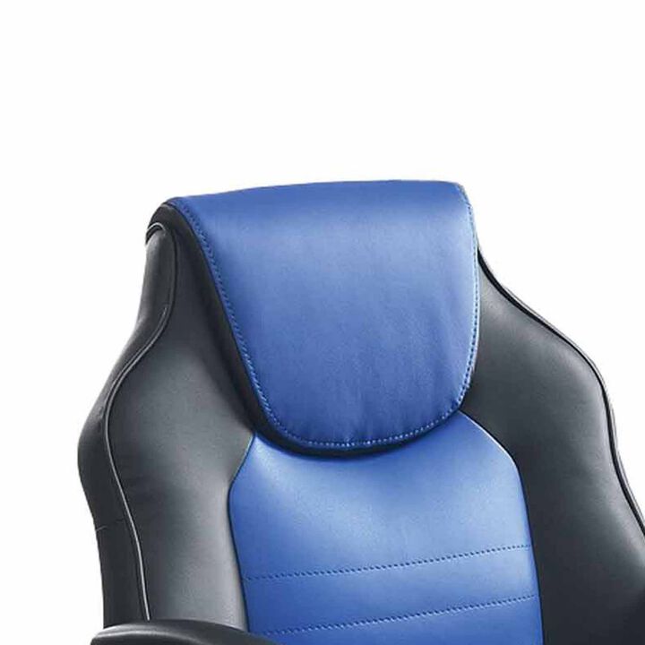 Rue 27 Inch Ergonomic Office Chair, Faux Leather Swivel Seat, Black, Blue-Benzara