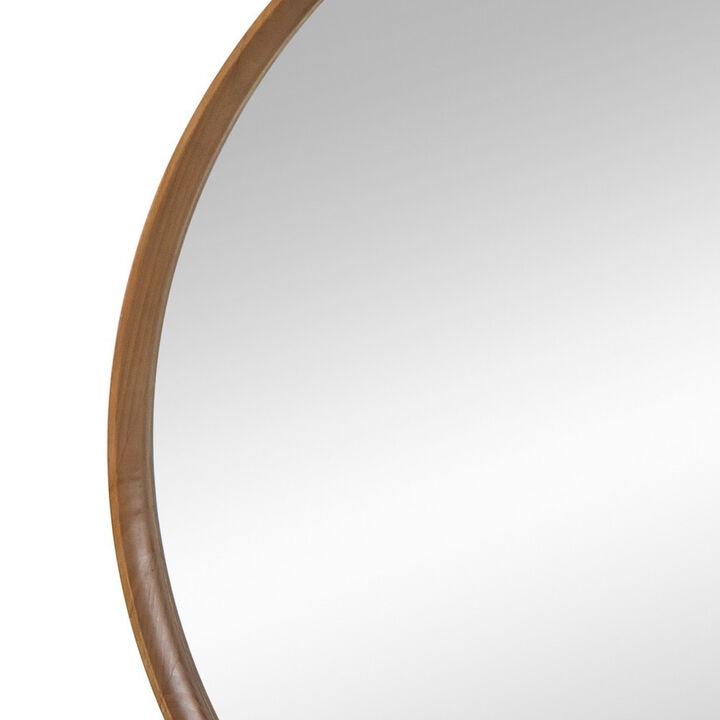 Roe 40 Inch Round Accent Mirror, Brown Pine Wood Frame, Wall Hung-Benzara