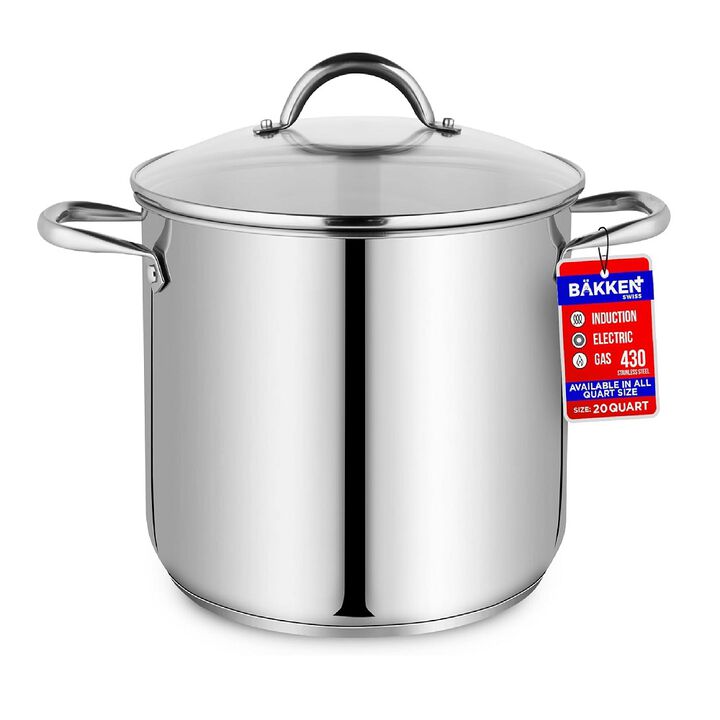 Bakken-Swiss Deluxe 20-Quart Stainless Steel Stockpot w/Tempered Glass See-Through Lid - Simmering Delicious Soups Stews & Induction Cooking - Exceptional Heat Distribution - Heavy-Duty & Food-Grade
