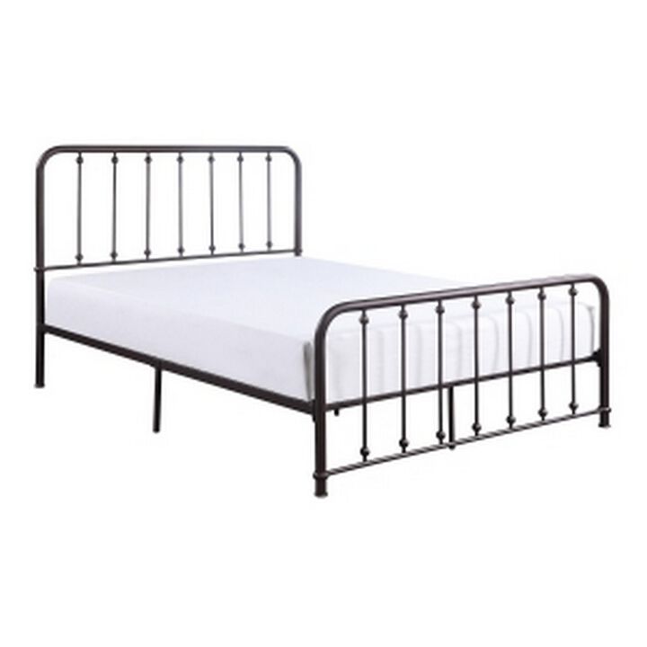 Ken Queen Bed, Vertical Slatted Headboard, Footboard, Dark Bronze Metal - Benzara
