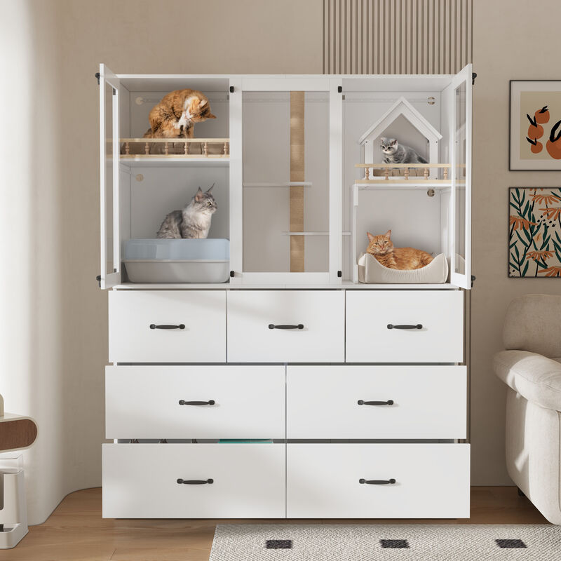 FUFU&GAGA MDF Cat Cabinet with 7 Spacious Drawers, Metal Handles & Lock – Cable Management, Cat Hole, (55" x 19.7" x 70.9"), White