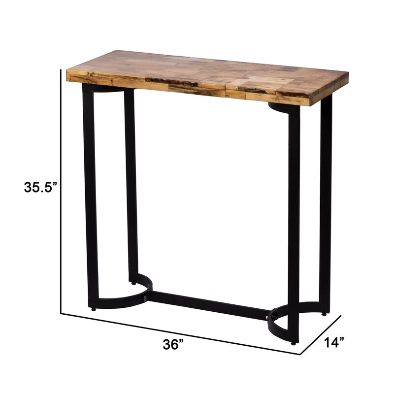 36 Inch Industrial Console Sofa Table, Plank Wood Top, Matte Black Frame-Benzara