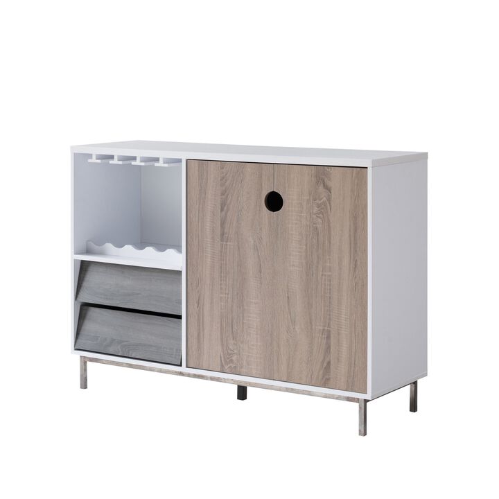 Wine Cabinet, 2 Drawers, Stemware and Bottle Rack, White Brown Gray - Benzara