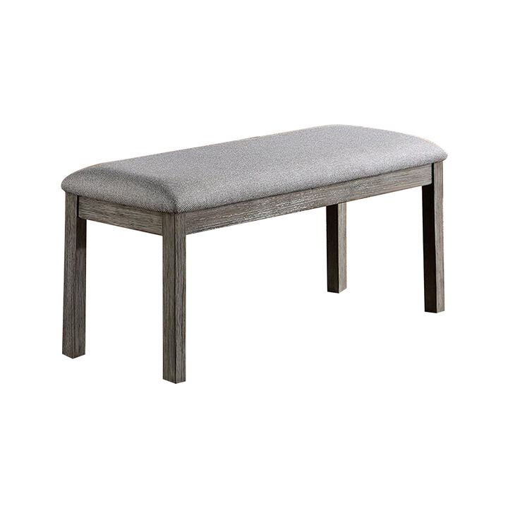 Lais 45 Inch Dining Bench, Wired Brushed Gray Wood, Gray Fabric Padded Seat - Benzara