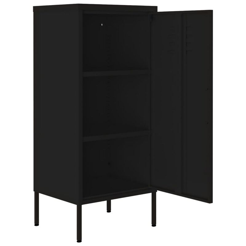 Tall Storage Cabinet, 1 Door, 2 Shelves, Modern Matte Black Steel - Benzara